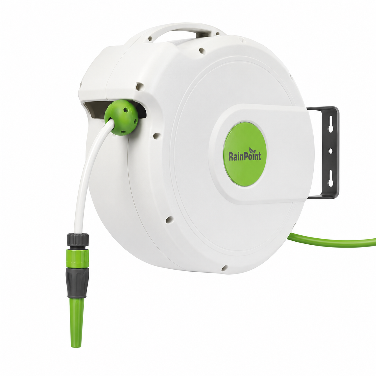 RainPoint Retractable Garden Hose Reel — 5/8" x 100ft Wall Mount with Auto Rewind, 8‑Pattern Spray Gun & 180° Swivel Bracket