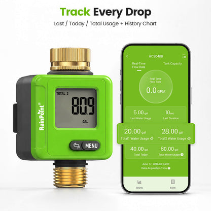 RainPoint Smart Bluetooth Water Flow Meter with App Control