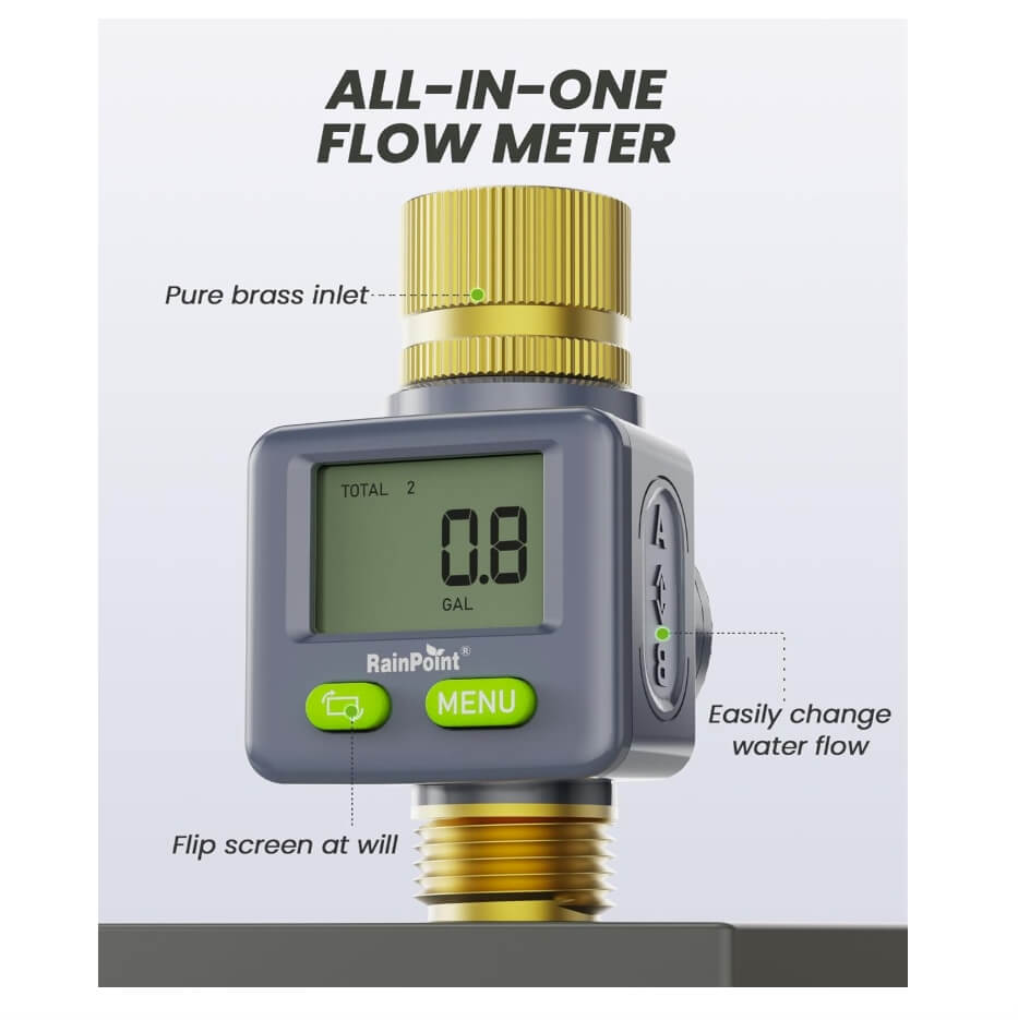 RainPoint Water Flow Meter with Brass Inlet & Outlet, 180° Screen-Flip Water Meter