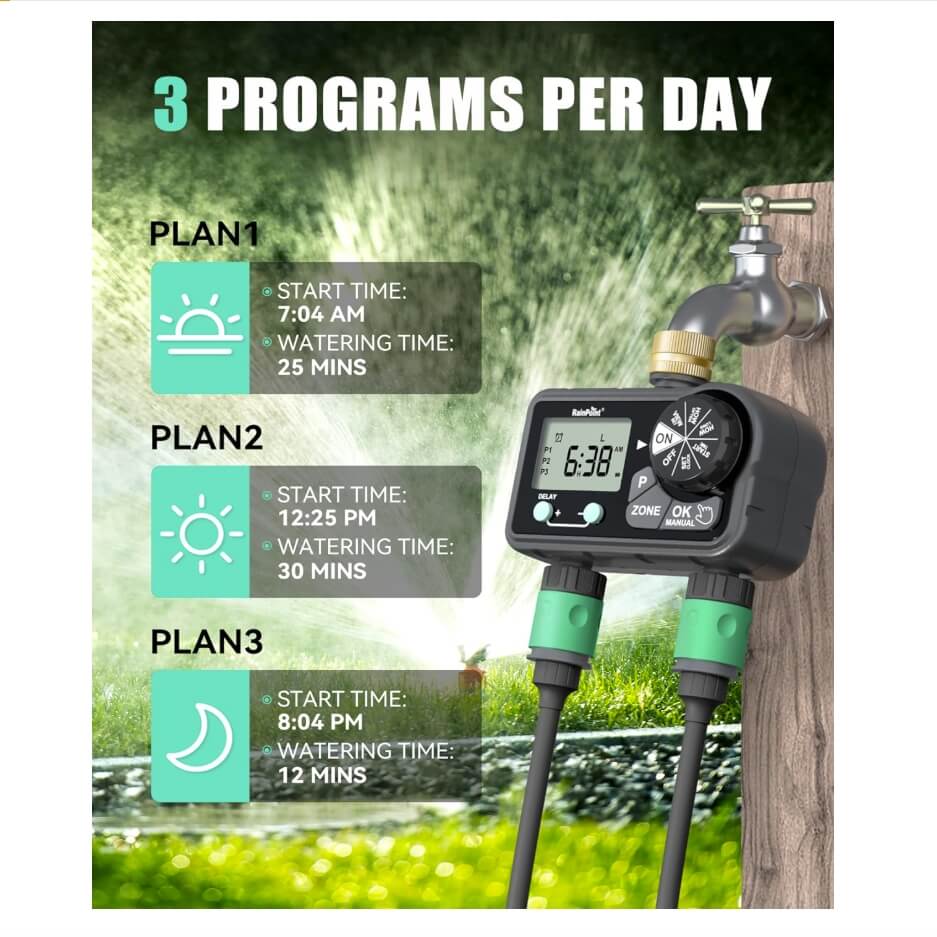 RainPoint Brass Sprinkler Timer 2 Stations, Large Digital Water Timer for Garden Hose