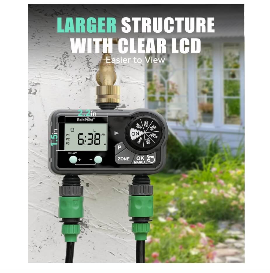 RainPoint Brass Sprinkler Timer 2 Stations, Large Digital Water Timer for Garden Hose