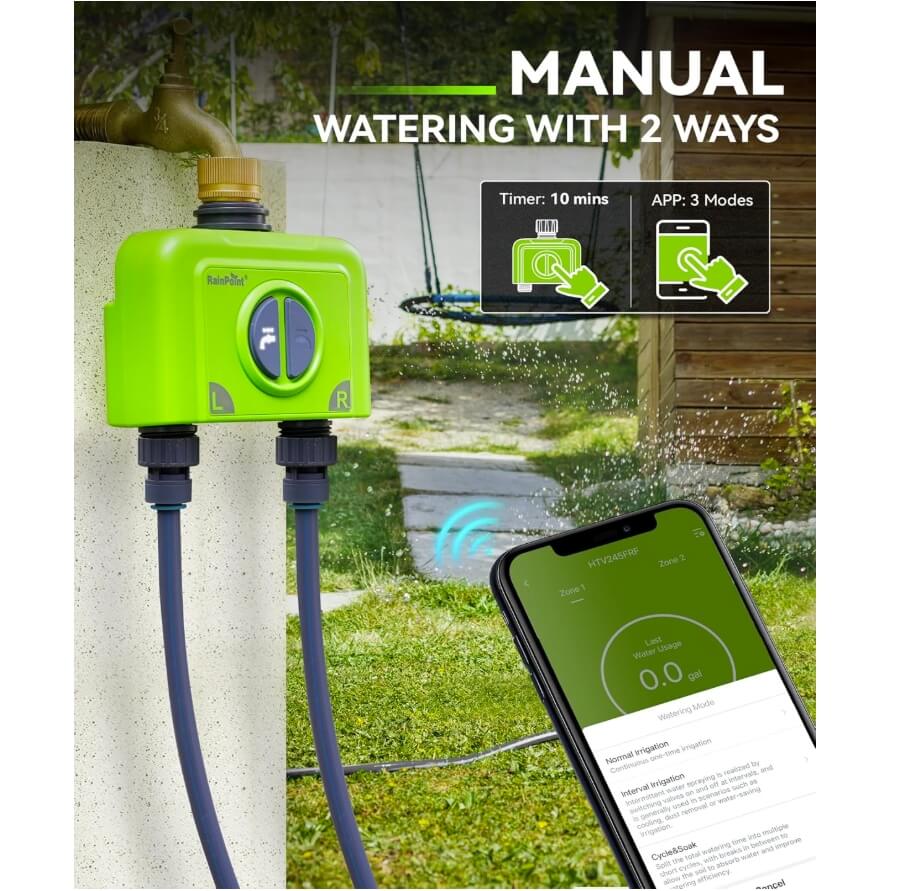 RainPoint With Brass Inlet 2-Zone Smart Hose Timer with Antenna Gateway