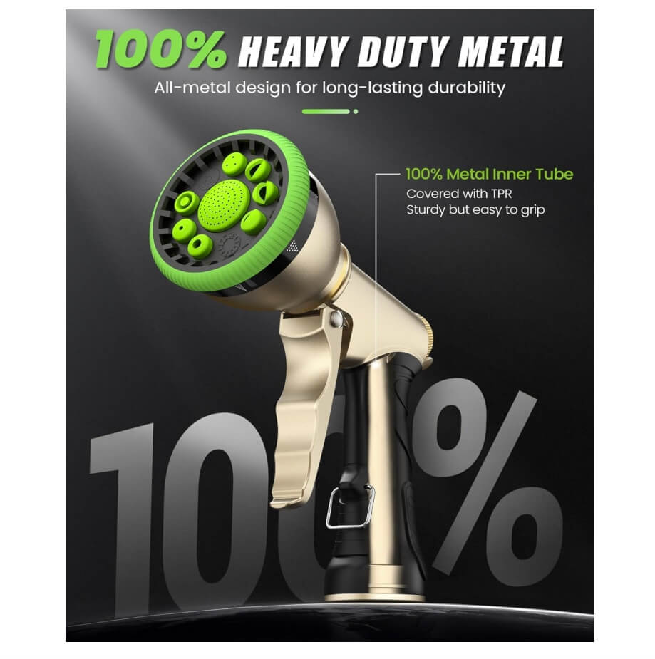 RainPoint Heavy Duty Metal Hose Nozzle - 9 Spray Patterns for Plants, Cars & Pets (Green)