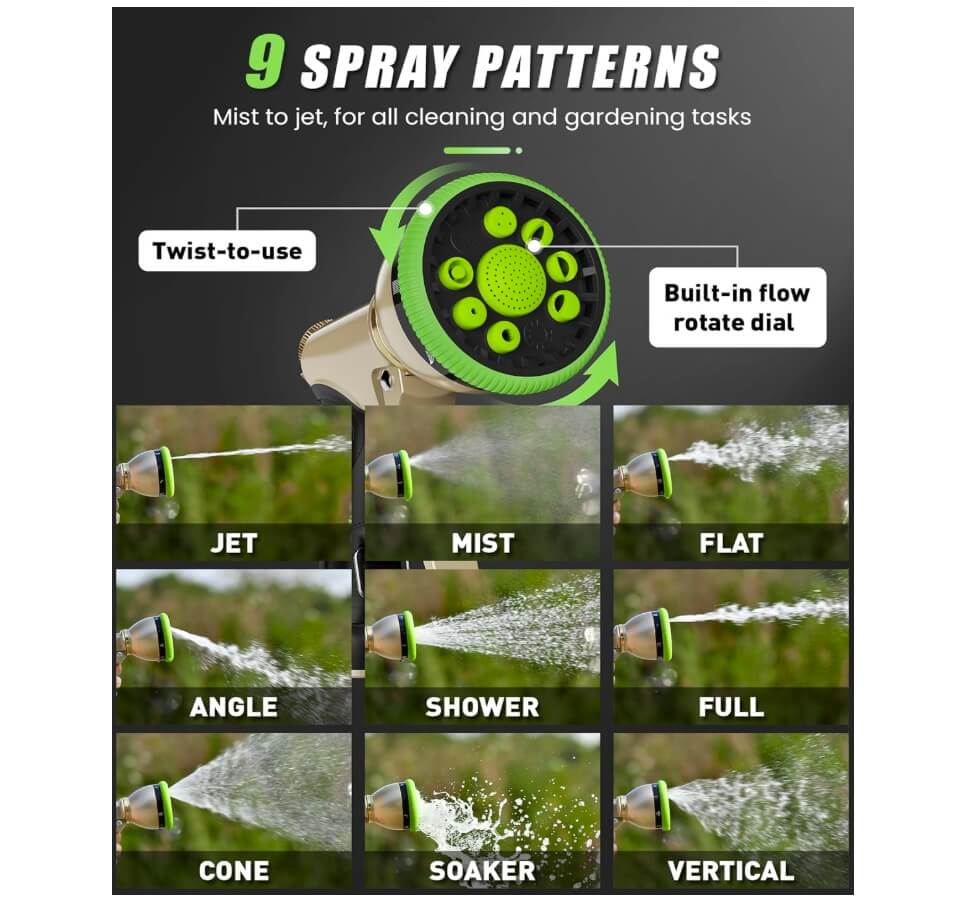 RainPoint Heavy Duty Metal Hose Nozzle - 9 Spray Patterns for Plants, Cars & Pets (Green)