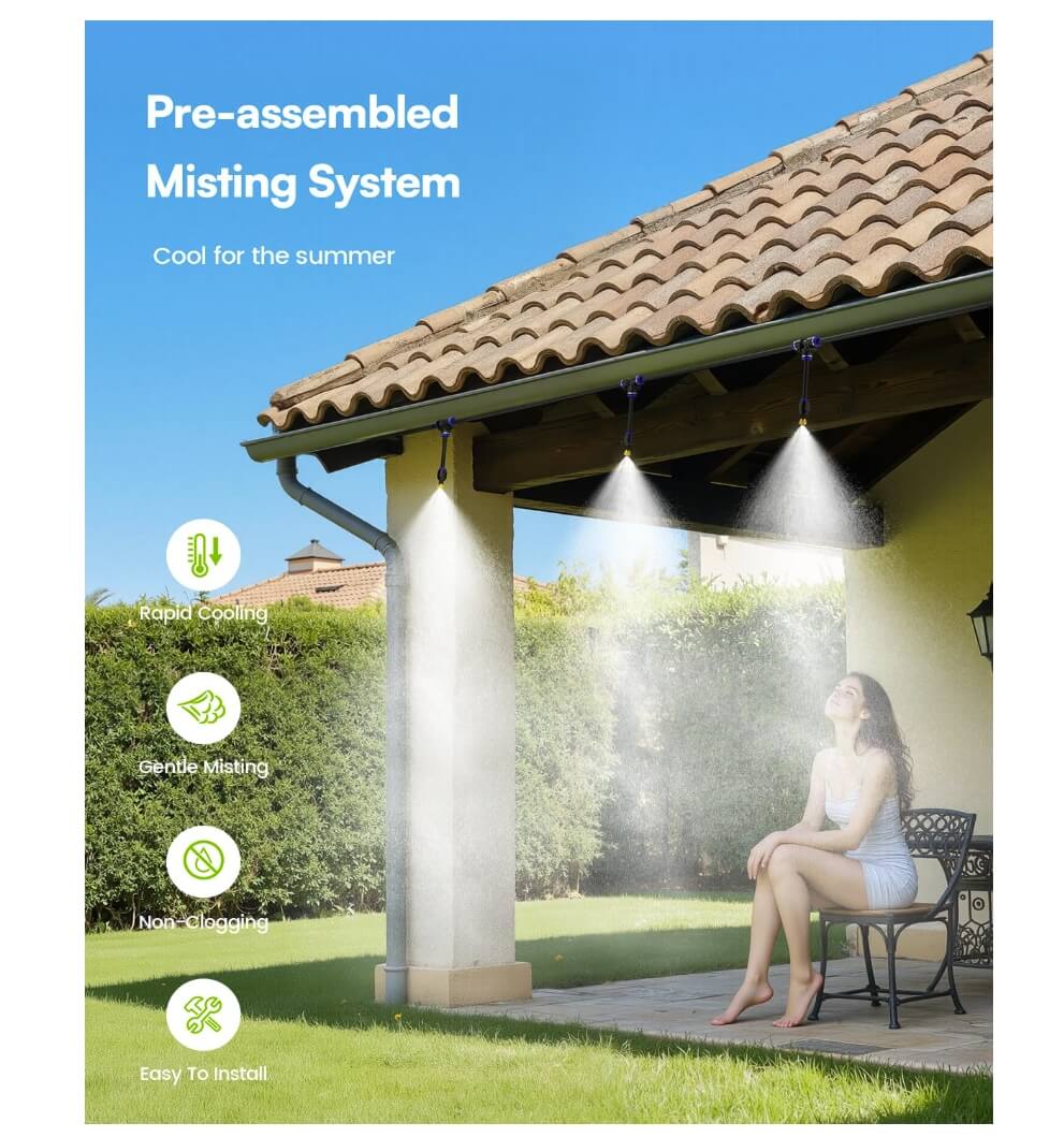 RAINPOINT 75FT Outdoor Misting System Kit - 22 Nozzles with Water Filter for Patio, Garden & Deck Cooling