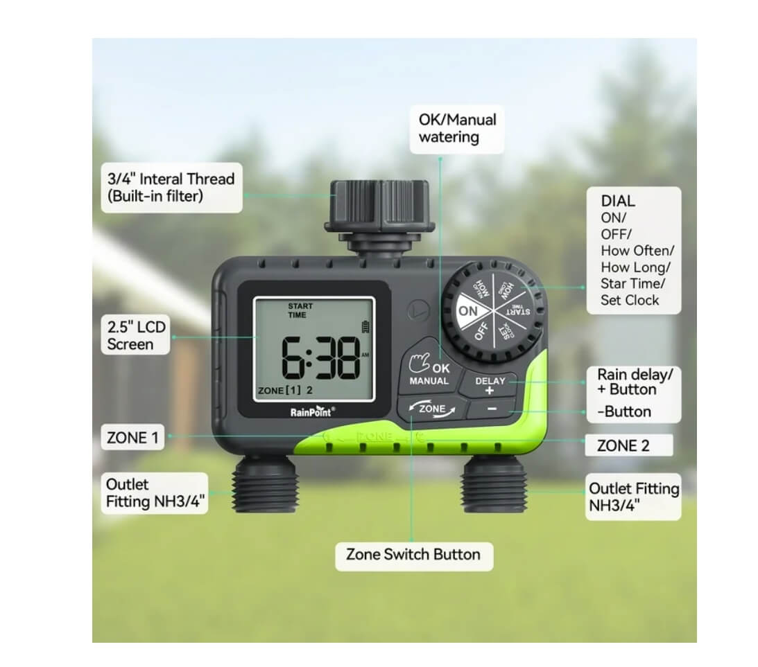 RainPoint 2PCS Garden Hose Timer 2 Outlet Greenhouse Irrigation Faucet