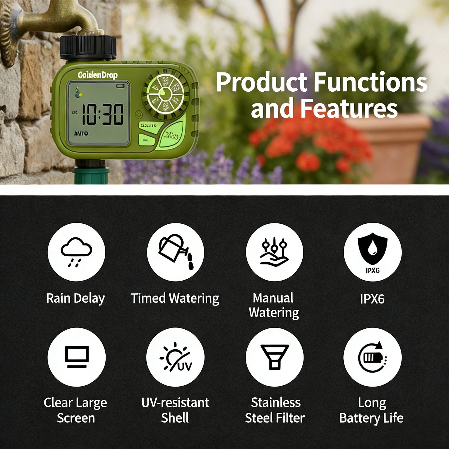 Outdoor Garden Hose Water Timer with Rain Delay & Manual Mode, Smart irrigation controller