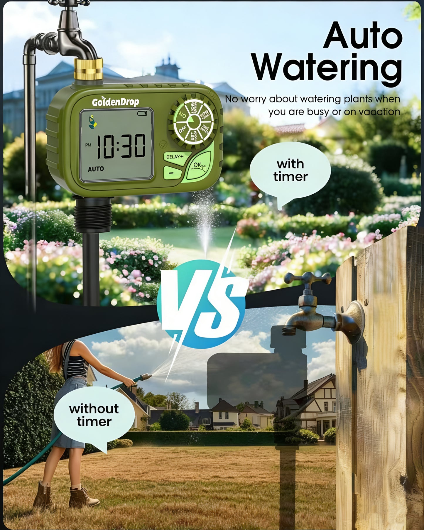 Outdoor Garden Hose Water Timer with Rain Delay & Manual Mode, Smart irrigation controller