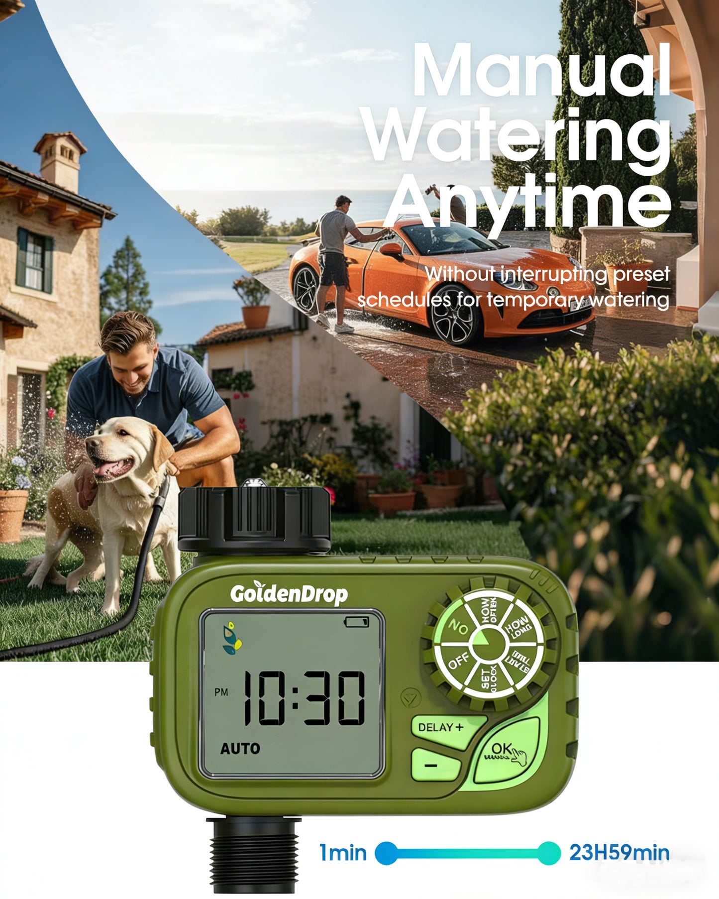 Outdoor Garden Hose Water Timer with Rain Delay & Manual Mode, Smart irrigation controller