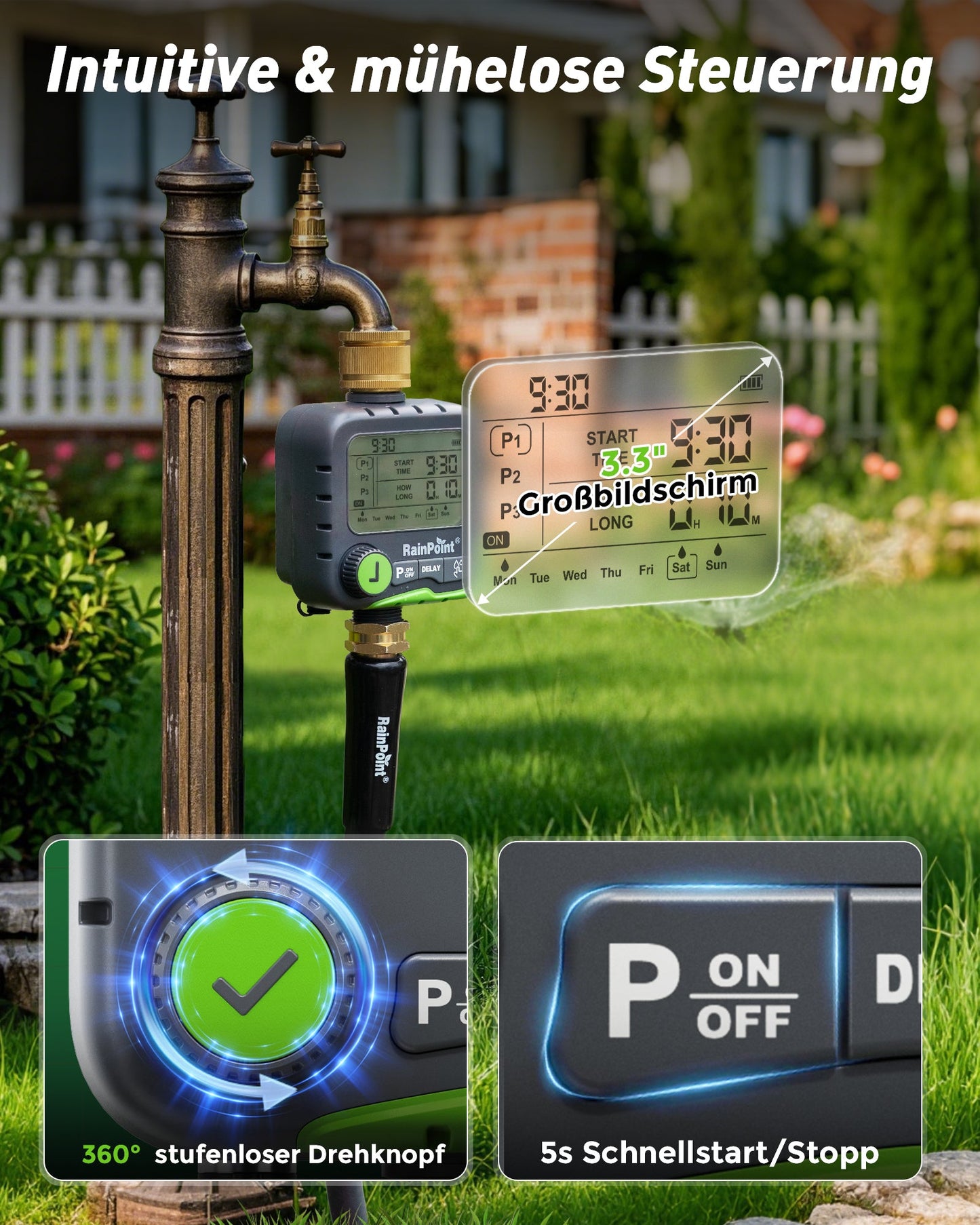 RAINPOINT 1-Zone Water Timer – Programmable, Rain Delay, IP65 Waterproof
