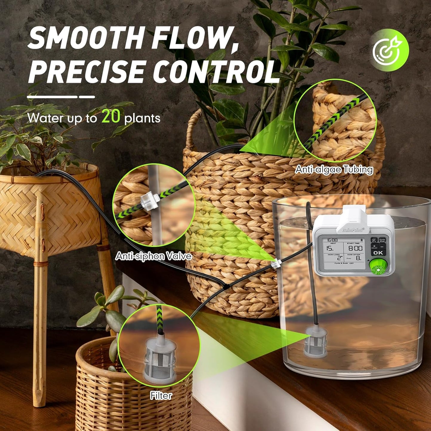 RAINPOINT Large Display Automatic Plant Waterer Indoor for Up to 10-15 Pot Plants