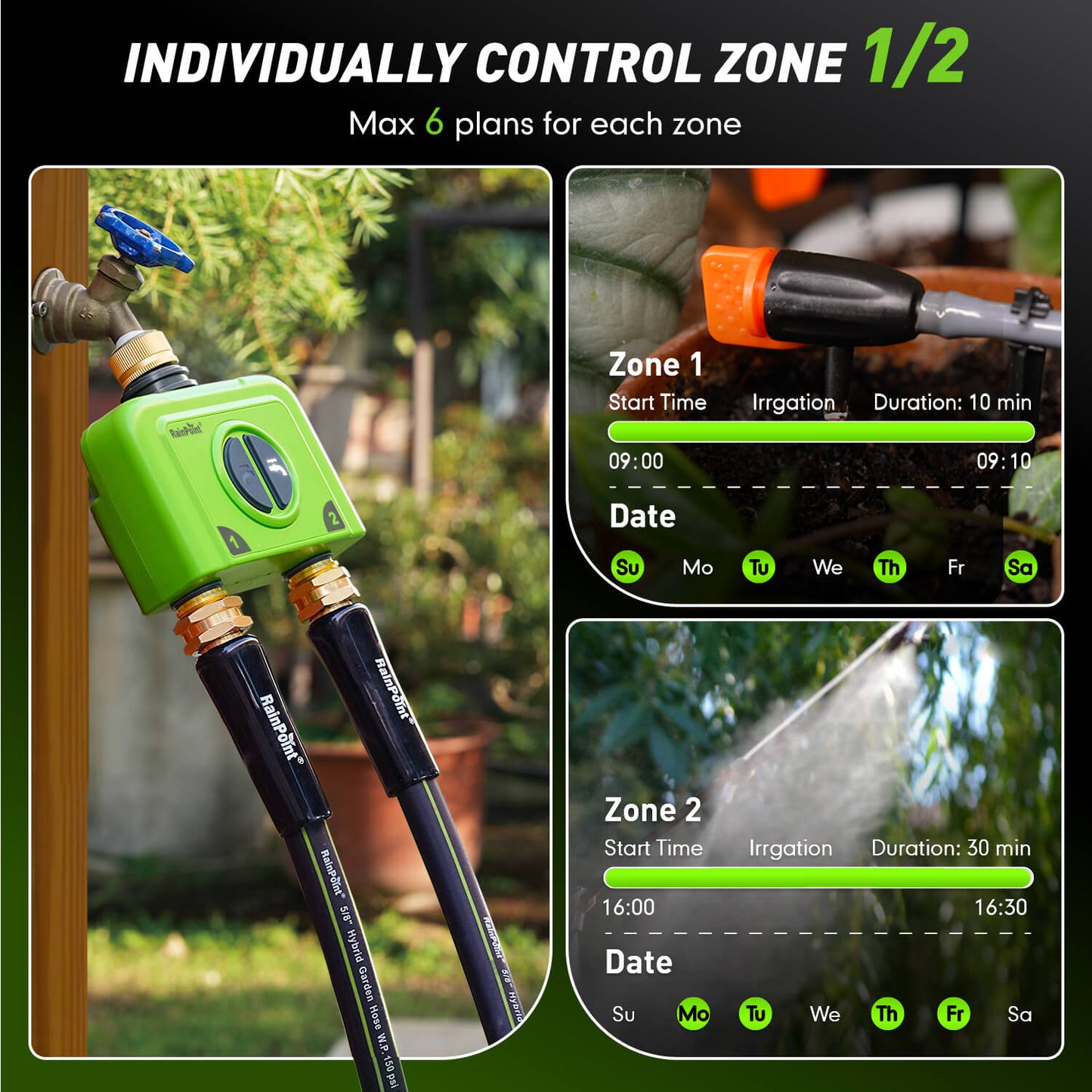 RainPoint 2 Zone WiFi Hose Timer with Brass Inlet & Outlet