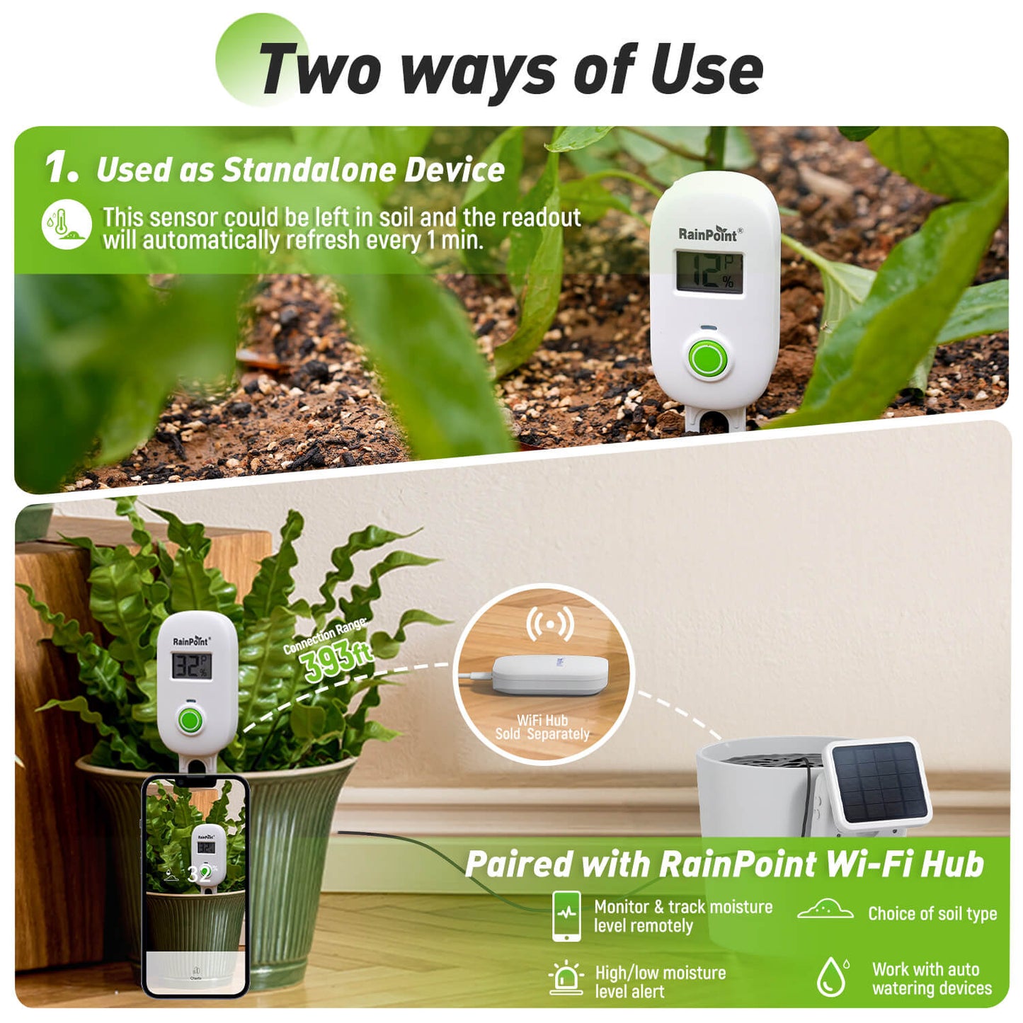 RAINPOINT Smart Digital Wireless Plant Moisture Meter Houseplants Indoor WiFi Hub Kit
