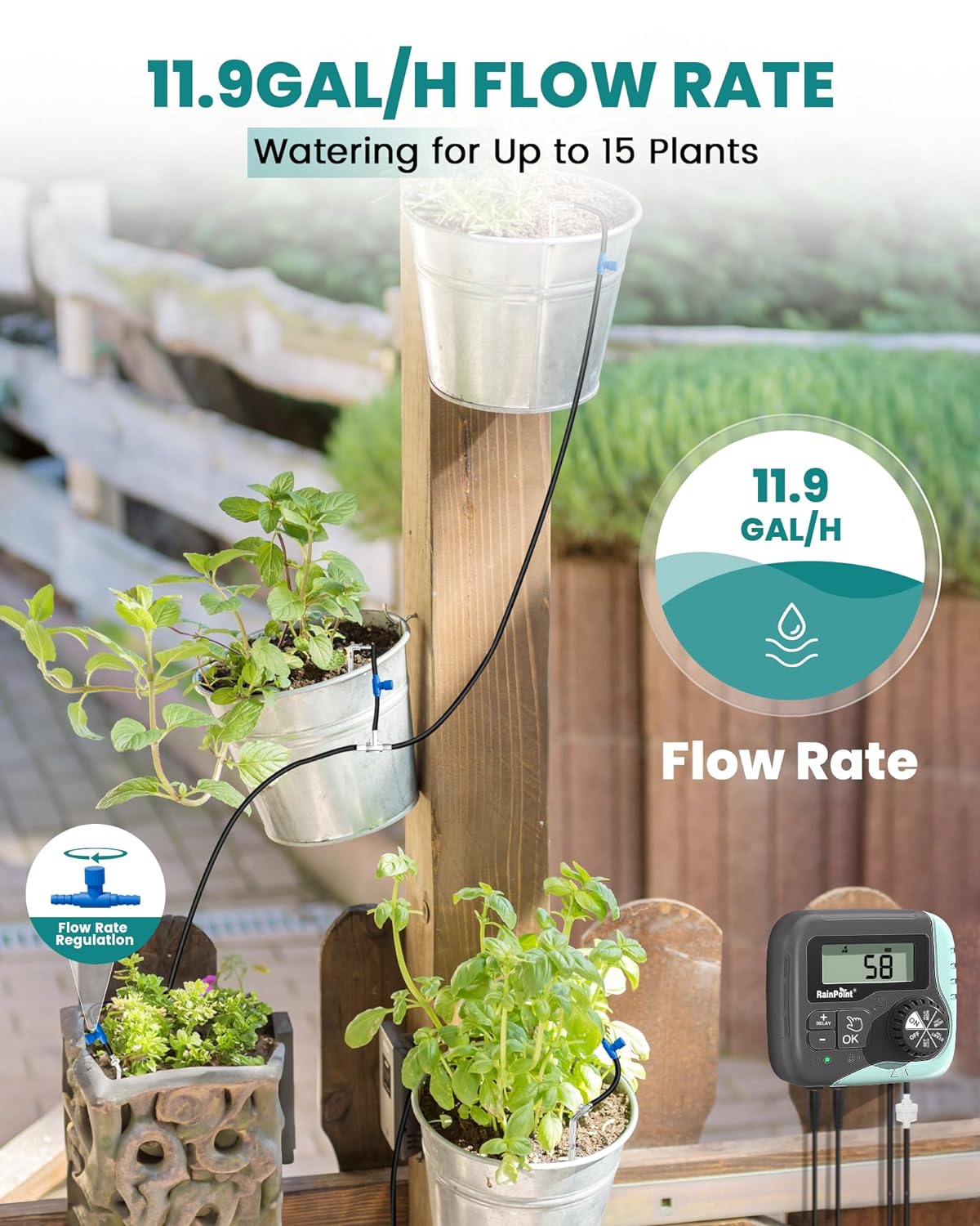 RainPoint Drip Irrigation System With Solar Pump Timer IK15P,Automatic Watering System for Potted Plants