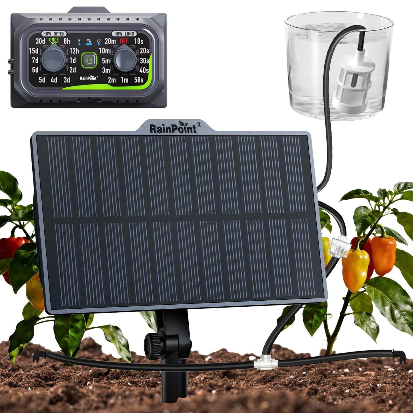 RAINPOINT Solar & USB-C Automatic Drip Irrigation Kit: Rechargeable Plant Waterer for 10-20 Plants, Indoor/Outdoor Garden, Balcony, Greenhouse