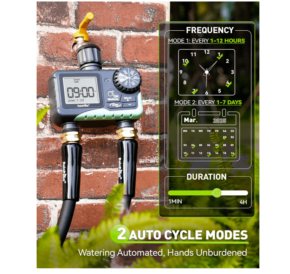 RAINPOINT Irrigation Computer with 2 Independently Controlled Outputs, Easy & Quick Automatic/Manual Irrigation Control