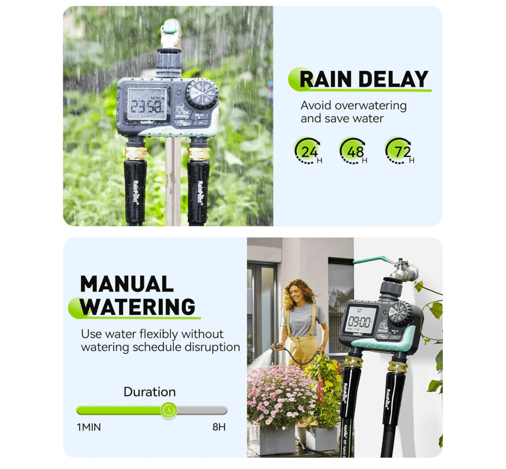 RAINPOINT Irrigation Computer with 2 Independently Controlled Outputs, Easy & Quick Automatic/Manual Irrigation Control
