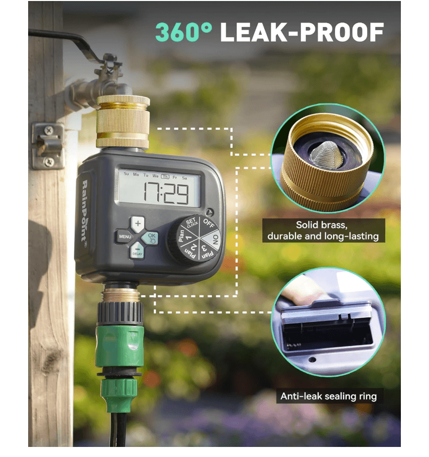 RAINPOINT Irrigation Computer with Brass Inlet and Outlet,Water Timer with 3 Schedules