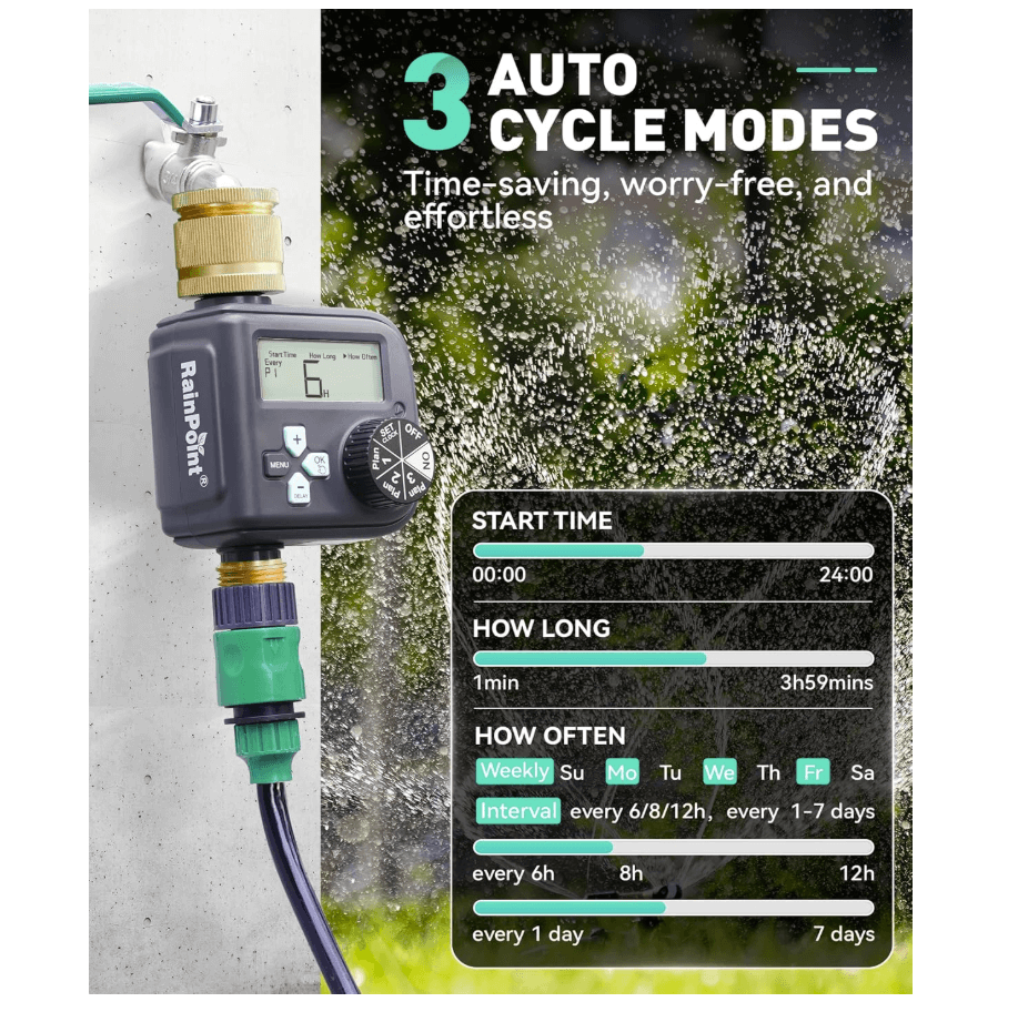 RAINPOINT Irrigation Computer with Brass Inlet and Outlet,Water Timer with 3 Schedules
