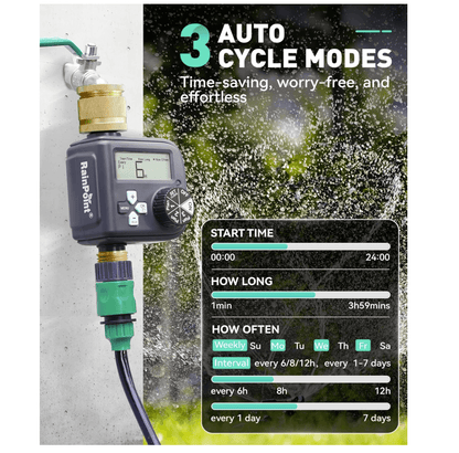 RAINPOINT Irrigation Computer with Brass Inlet and Outlet,Water Timer with 3 Schedules