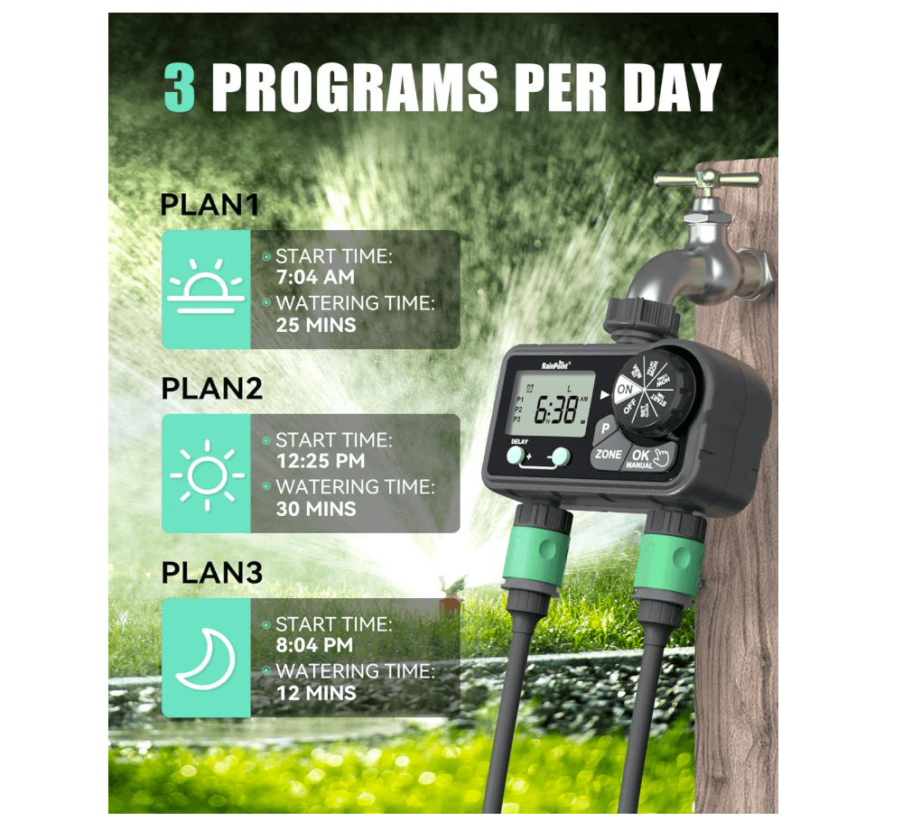 RAINPOINT Irrigation Computer 2 Outputs, Automatic Watering Programmable Watering Timer
