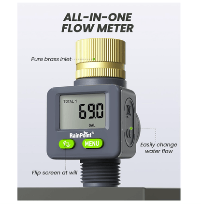 Rainpoint Water Flow Meter with Brass Inlet,Garden Hose, Sprinkler & Nozzle Sprayer