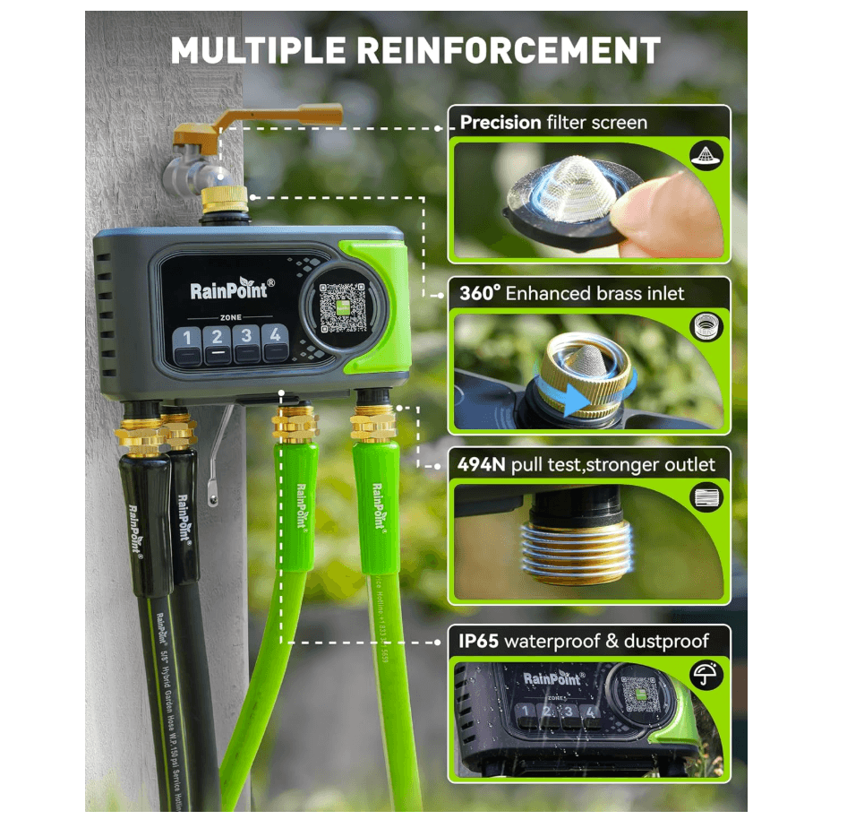 RAINPOINT 4-Zone Smart Water Timer with Brass Inlet&Outlet for Automatic Watering System Without Hub