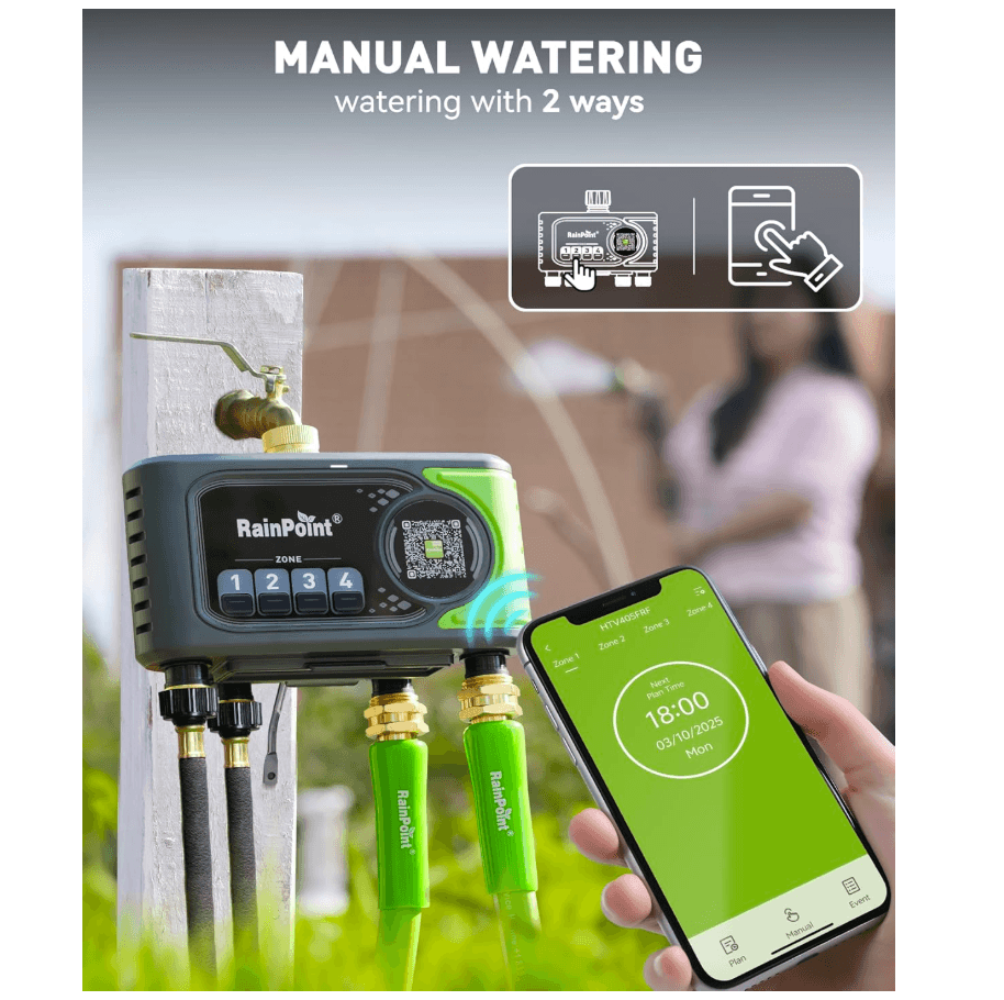 RAINPOINT 4-Zone Smart Water Timer with Brass Inlet&Outlet for Automatic Watering System Without Hub