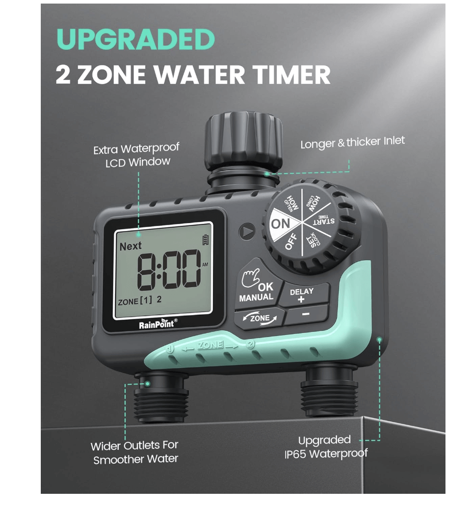 RainPoint 2 Outlet Digital Hose Timer for Automatic Garden Watering