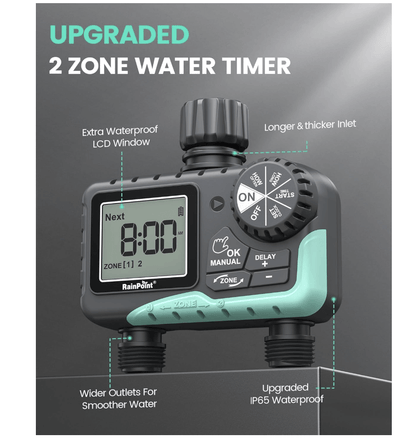 RainPoint 2 Outlet Digital Hose Timer for Automatic Garden Watering