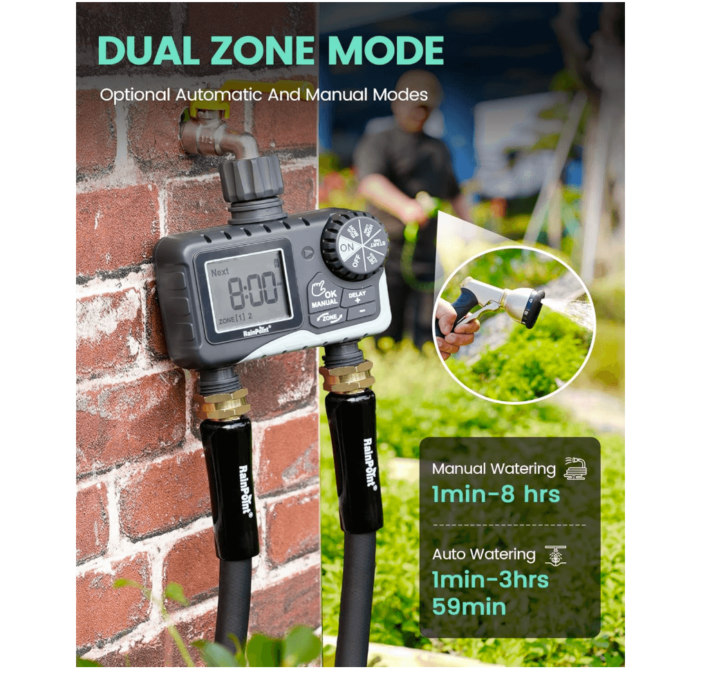 RainPoint 2 Outlet Digital Hose Timer for Automatic Garden Watering